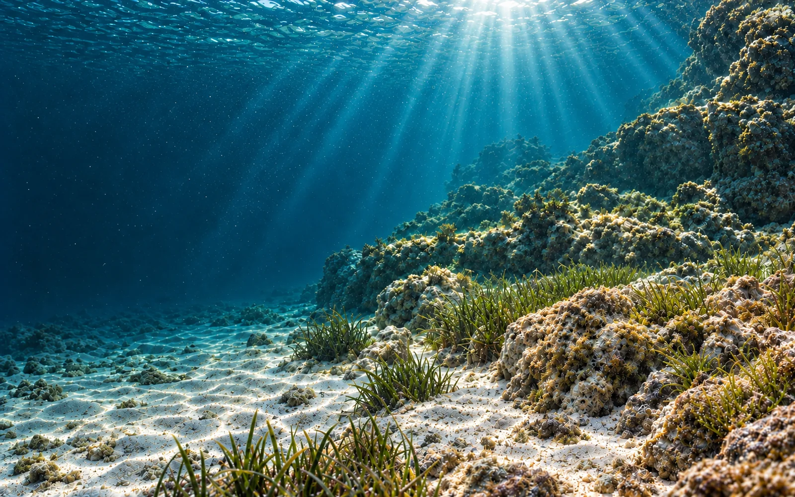 Güneş ışıklarının süzüldüğü Ege denizaltı ortamı, kayalıklar ve deniz çayırları.